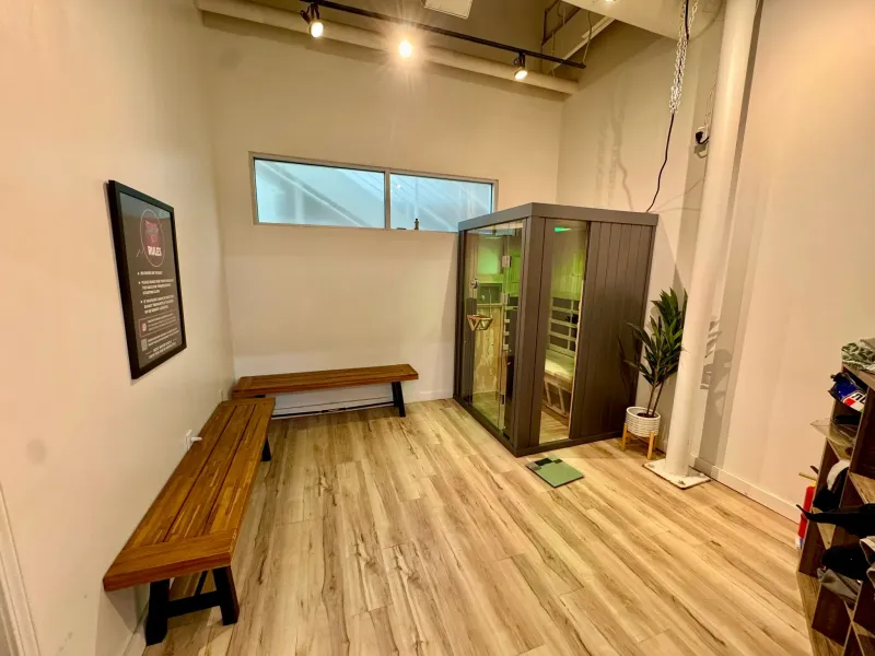 Men's locker room with a dry sauna at SuperFly BJJ Decatur